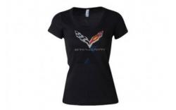 Ladies C7 Corvette Cross Flag Rhinestone Tee