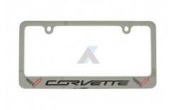 14-16 Chrome License Plate Frame C7 Flags/Script