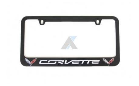 14-16 Black License Plate Frame C7 Flags/Script
